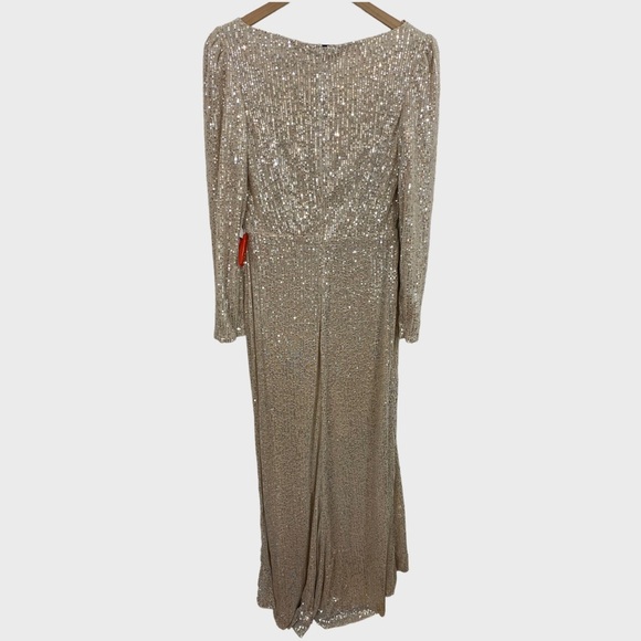 NWT Mac Duggal Silver Sequin Ruffle Hem High Slit Maxi Dress Size 8 - Picture 4 of 12